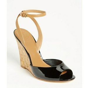 Tory Burch Ashton Cork Wedge Black Patent Leather